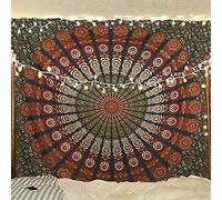 Bless International Tapisserie de literie murale indienne hippie bohème psychédélique paon mandala (vert doré, Taille King (88x104 pouces)(225x265 cms))