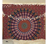 Bless International Tapisserie de literie murale indienne hippie bohème psychédélique paon mandala (vert rouge doré, Taille King (88x104 pouces)(225x265 cms))