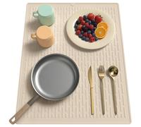 BLESWIN Tapis éGouttoir à Vaisselle 40 X 50 cm avec Rainures IntéGréEs, Tapis De SéChage Plat en Silicone, RéSistant à La Chaleur Et Facile à Nettoyer, Plan De Travail/éVier Multifonction (Beige)