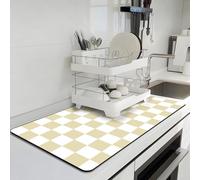 BLESWIN Tapis Égouttoir Vaisselle, 42 x 71 cm, Grand Tapis à Carreaux pour Coin Café, Tapis Vaisselle Absorbant, Tapis pour Machine à Expresso, Tapis Egouttoir Facile à Nettoyer, Beige et Blanc