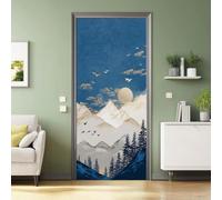 Bleu Autocollant de Porte, 95 x 215 cm Autocollant Mural PVC Amovible | Vintage Style Chinois Autocollant pour Porte Montagnes Oiseaux Ciel Feuille D'Or Sticker Décor pour Chambre à Coucher Salon