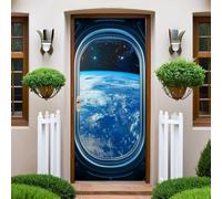 Bleu Autocollant Porte 3D Espace des vaisseaux spatiaux 77x200 cm Sticker Mural PVC Étanche Auto-adhésif Papier Peint Porte Cuisine Chambre Salon Décor
