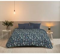 Bleu Calin Couette Chaude Imprimée Végétale Réversible 140x200 cm pour Lit 1 Personne 90x190 cm, 100% Microfibre, Fabriquée en France, Oeko-Tex, Bleu Marine/Bleu Acier - Kaili
