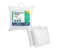 Bleu Calin Lot de 2 Oreillers Carrés Mémoire de Forme, Barrettes mousse à mémoire de forme et fibre polyester, 60 x 60 cm, Blanc