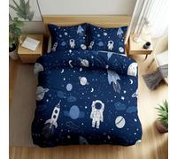 Bleu Housse de Couette 140x200 cm Thème Spatial Fusée Astronaute Parures de Lit pour Enfants Garçons Filles, 3 Pièces Housse de Couette 1 Personnes Microfibre Douce avec 2 Taies d'oreiller 65x65 cm