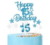 Bleu Joyeux 15ème anniversaire bougies gâteau Toppers Set,3D Numéro 15 bougie pour gâteau,15ème anniversaire décorations pour filles garçons,bleu argent bougie gâteau Toppers pour fournitures de fête