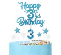 Bleu Joyeux 3ème anniversaire bougies gâteau Toppers Set,3D Numéro 3 bougie pour gâteau,3ème anniversaire décorations pour filles garçons,bleu argent bougie gâteau Toppers pour fournitures de fête