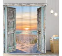 Bleu Plage Côtière Rideau de douche 300x180cm Bleu sarcelle, motif océan nautique, rideau de salle de bain rustique en tissu imperméable avec crochets, idéal pour la décoration de salle de bain