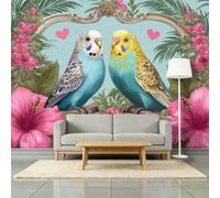 Bleu Poudré Papier Peint Panoramique 450L x 315H cm, Vintage Tropical Animal Perroquet Cœur Fresque Murale Papier Peint - Bleu Murale Poster Tableaux pour Salon Chambre à Coucher Salle de Jeu