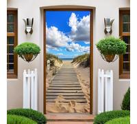 Bleu Sticker de Porte 83x204cm Chemin de Beach Wood Poster Porte Trompe L'oeil Auto-Adhésif PVC Papier Peint Imperméable Amovible DIY Murales Chambre Salon Cuisine Decor