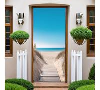 Bleu Sticker de Porte 83x204cm Sentier de la plage de bois Poster Porte Trompe L'oeil Auto-Adhésif PVC Papier Peint Imperméable Amovible DIY Murales Chambre Salon Cuisine Decor