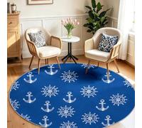 Bleu Tapis Rond Ø 100 cm Lavable en Machine Antidérapant Marine Tapis Chambre Adulte - Ancre Bateau Barre Marine Nautique Carpet Salle a Manger Bureau Descente de Lit Interieur Doux Poil Ras Rug