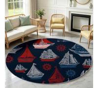 Bleu Tapis Rond Ø 120 cm Lavable en Machine Antidérapant Nautique Tapis Chambre Adulte - Voilier Barre Gouvernail Carpet Salle a Manger Bureau Descente de Lit Interieur Doux Poil Ras Rug