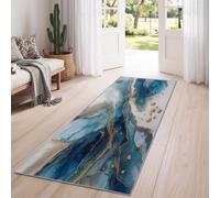 Bleu Tapis Salon 60 x 180 cm - Doux Poil Ras Antidérapant Tapis avec Fluide Marbre Dégradé Blocs Couleur Tachetés, Luxe Moderne Lavable en Machine Grand Tapis pour Entrée Chambre Buanderie Passage