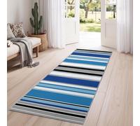 Bleu Tapis Salon 65 x 240 cm - Doux Poil Ras Antidérapant Tapis avec Minimaliste Dégradé Rayures Blocs Couleur, Géométrique Moderne Lavable Grand Tapis pour Entrée Chambre Buanderie Passage