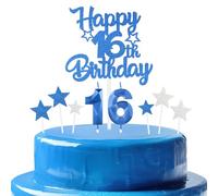 bleues royales Joyeux 16ème anniversaire bougies gâteau Toppers Set,3D Numéro 16 bougie pour gâteau,16ème anniversaire décorations pour filles garçons,bleues royales bougie pour fête d'anniversaire