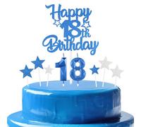 bleues royales Joyeux 18ème anniversaire bougies gâteau Toppers Set,3D Numéro 18 bougie pour gâteau,18ème anniversaire décorations pour filles garçons,bleues royales bougie pour fête d'anniversaire