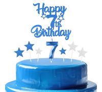 bleues royales Joyeux 7ème anniversaire bougies gâteau Toppers Set,3D Numéro 7 bougie pour gâteau,7ème anniversaire décorations pour filles garçons,bleues royales bougie pour fête d'anniversaire