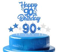 bleues royales Joyeux 90ème anniversaire bougies gâteau Toppers Set,3D Numéro 90 bougie pour gâteau,90ème anniversaire décorations pour hommes femmes,bleues royales bougie pour fête d'anniversaire