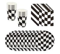 BlinBlin Voiture de Course Articles de Fête, Noir et Blanc Accessoires de fête D'anniversaire, Assiettes en Papier sur le Thème des Voitures de Course, Serviettes, Tasses, Pour 20 Invités