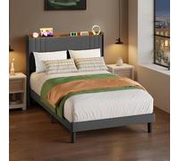 Blishom Cadre de Lit 120x200 cm avec Sommier en Métal, Éclairage LED et Multiprise (2 Prises CA et 2 Ports USB), avec Tête de Lit capitonnée, pour Chambre et Chambre d'invité (Gris foncé)