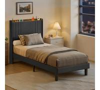 Blishom Cadre de Lit 90x200 cm avec Sommier en Métal, Éclairage LED et Multiprise (2 Prises CA et 2 Ports USB), avec Tête de Lit capitonnée, pour Chambre et Chambre d'invité (Gris foncé)