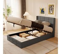 Blishom Lit Coffre 120x200 cm, lit Hydraulique avec Étagères Ouvertes et Rangement Caché en Tête de Lit Capitonné, Cadre de Lit, Sommier à Lattes, sans Matelas, (Gris foncé, 120x200cm)