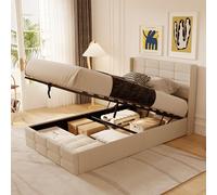 Blishom Lit Coffre 120x200 cm, lit Hydraulique avec Étagères Ouvertes et Rangement Caché en Tête de Lit Capitonné, Cadre de Lit, Sommier à Lattes, sans Matelas, (Beige, 120x200cm)