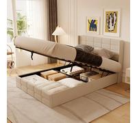Blishom Lit Coffre 140x200 cm, lit Hydraulique avec Étagères Ouvertes et Rangement Caché en Tête de Lit Capitonné, Cadre de Lit, Sommier à Lattes, sans Matelas,(Beige, 140x200cm)
