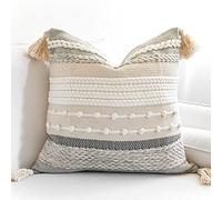 BlissBlush Housse de Coussin décorative tissée texturée avec Pompons - Gris bleuté et crème