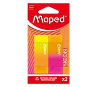 Maped - Gommes Neon Bi-Couleurs - Gomme Efficace, ne Laisse pas de Trace - Format Rectangle 22x12x61mm - 2 Gommes Néon