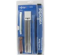 Blister Vallorbe contenant trois limes rondes ø 3/16'' (4,8 mm) pour chaînes .325'', une lime plate, un porte-lime, un manche