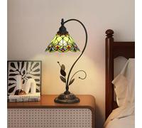 Blivuself Lampe de table Tiffany en verre teinté vert queue de paon, style Tiffany, feuilles S, lampe de bureau vintage pour chambre à coucher, salon, bureau, dortoir, salle à manger