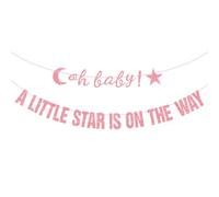 BLMHTWO Bannière pré-enfilée « Oh Baby A Little Star Is On The Way » - Rose pailleté - Décoration de naissance pour filles et garçons - Fournitures de fête pour révéler le sexe - Fête prénatale