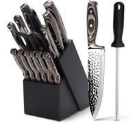 Bloc à couteaux 15 pièces comprenant : couteaux, couteau à pain, couteaux à steak, ciseaux et aiguiseur, en acier inoxydable spécial, avec finition imitation bois naturel