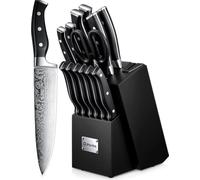 Bloc à couteaux avec couteau 14 TLGBloc à couteaux auto-affûtant Set de couteaux en acier inoxydable tranchants avec manche en plastique et bloc en bois Set de couteaux de cuisine professionnels Noir