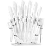 Bloc à couteaux avec couteaux 16 pièces Set de couteaux Blanc revêtement anti-adhésif avec porte-couteaux acrylique Acier inoxydable pas de rouille super tranchant Set de couteaux de cuisine
