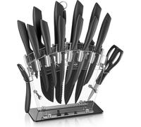 Bloc à couteaux avec couteaux noir Set de 16 couteaux noir revêtement antiadhésif avec porte-couteaux acrylique acier inoxydable pas de rouille super tranchant Set de couteaux de cuisine