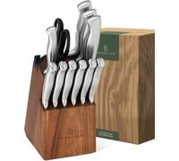 Bloc à couteaux avec lames - Ensemble de couteaux de cuisine - Organisateur de cuisine - Affûteur de couteaux intégré - 11 pièces - Couleur bois