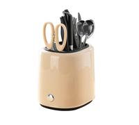 Bloc à Couteaux Baril 22 x 18 x 21cm Métal ABS Couteau Détachable Porte-ustensiles Support de Rangement Universel pour Comptoir de Cuisine pour Cuillère, Fourchette, Spatule(Beige)