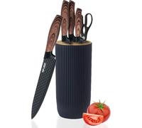 Bloc à couteaux premium avec manche en bois Set de couteaux 6 pièces noir antiadhésif antidérapant Set de couteaux de cuisine en acier inoxydable avec bloc à couteaux universel