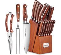 Bloc à couteaux Set de 16 couteaux avec manche en bois Acier inoxydable Set de couteaux de cuisine professionnels avec fusil Ustensiles de cuisine Bloc en bois