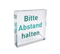 Bloc acrylique transparent comme support d'information/présentoir avec inscription « Bitte Abstand halten » dans la couleur turquoise, présentoir en Plexiglas original.