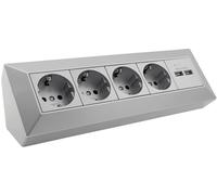 Bloc de prises multiples 4 prises + 2 ports USB, couleur argent. 250V~, 16A, montage en surface, USB 3,1A