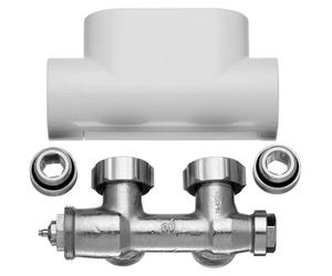 Bloc de vannes à bille, blanc, en laiton, dimensions : 15 x 15 x 6,5 cm