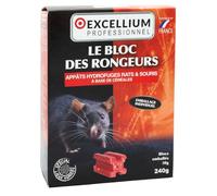 Bloc des Rongeurs Appâts Rats et Souris 240g EXCELLIUM PROFESSIONNEL | Rats bruns, rats noirs et souris · Bloc hydrofuge · Postes sécurisés · Intérieur et extérieur