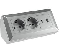Bloc multiprise 2 prises + USB A & USB C argenté - Prise d'angle pour meubles pour cuisine et bureau - Multiprise et prise encastrée - 230 V, 3600 W - Multiprise avec contact de protection