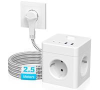 Bloc multiprise cube avec USB C, 4 prises, fiche plate avec commutable, multiprise cube pour bureau, maison, voyage, câble de 2,5 m, blanc