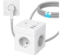 Bloc multiprise cube - Multiples prises - Permet de charger plusieurs appareils - Équipé de 2 ports USB-C - Câble de 3 mètres - Blanc