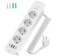 Bloc multiprise escamotable avec USB-C, 4 prises, avec câble spiralé de 2 m, PD20W, 250 V/16 A, pour bureau, bureau à domicile et cuisine, blanc